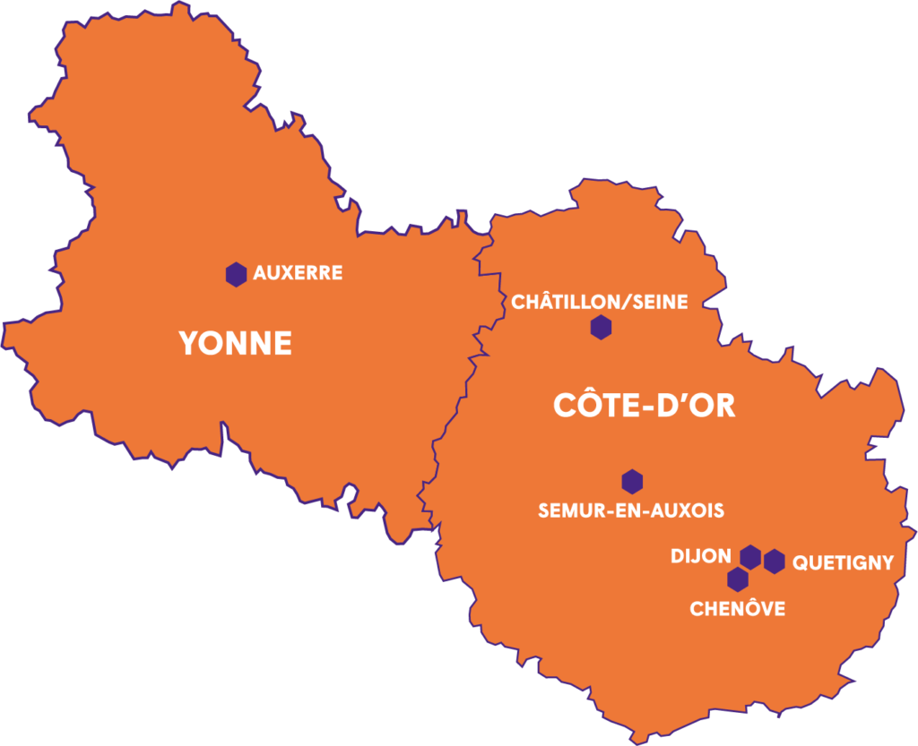 Carte des villes dans lesquelles sont présentes les PROMUT de Bourgogne