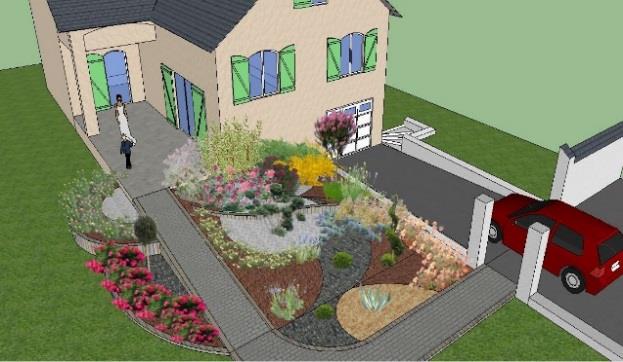 Maquette 3D de l'aménagement d'un jardin devant une maison
