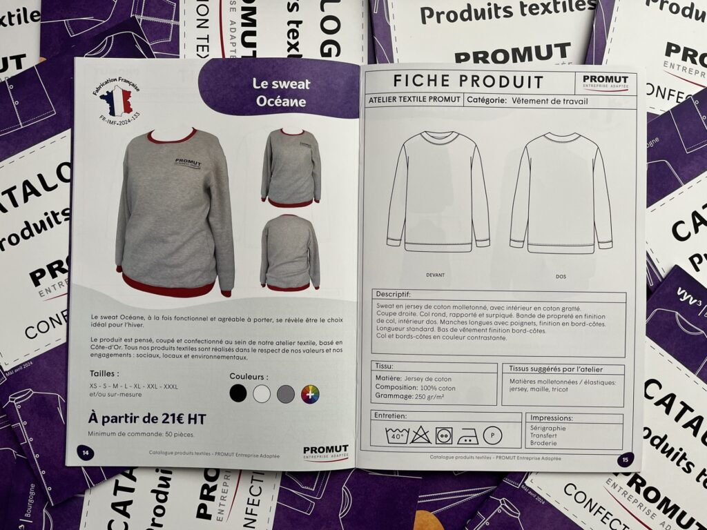 Pages du catalogue PROMUT présentant des sweats personnalisables pour les professionnels