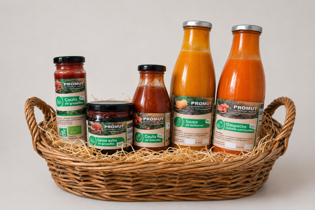 Produits transformés bio produits maraichage PROMUT quetigny semu. panier avec radis, salade, carotes, patates. paniers maraîchers bio en Côte-d’Or
