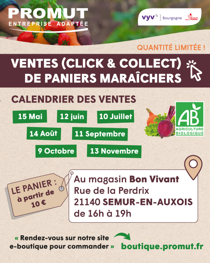 Afficheavec les dates des ventes paniers maraîchers PROMUT. Des paniers de légumes bios issus de terrains de Semur en Auxois et Quetigny. 